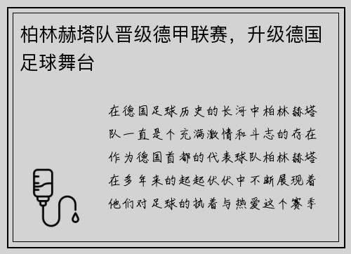 柏林赫塔队晋级德甲联赛，升级德国足球舞台