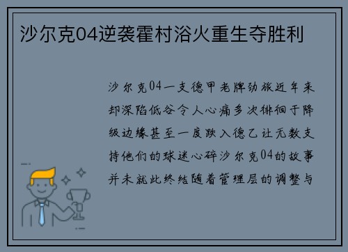 沙尔克04逆袭霍村浴火重生夺胜利